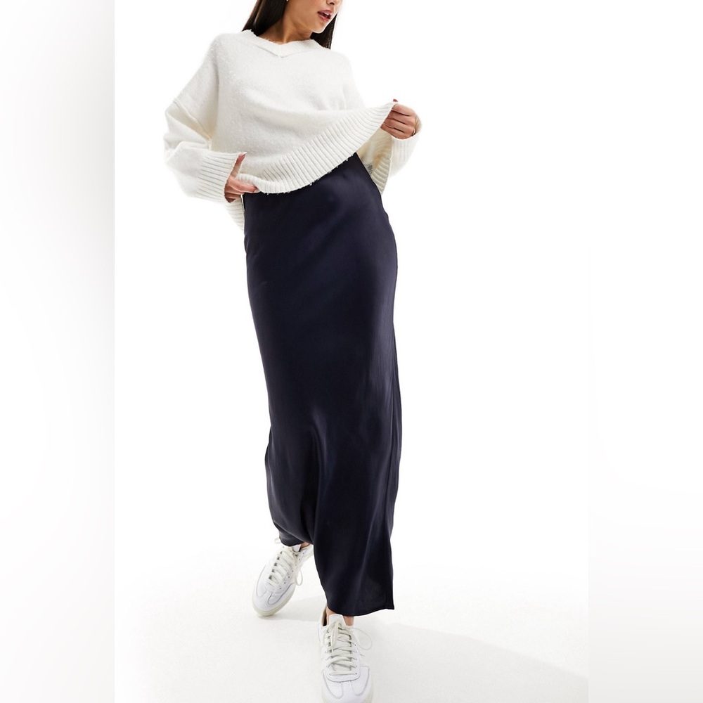 Stradivarius satin bias midi skirt in navy